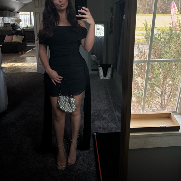 Showpo Black Off Shoulder Ruched Mini Dress - Picture 2 of 5